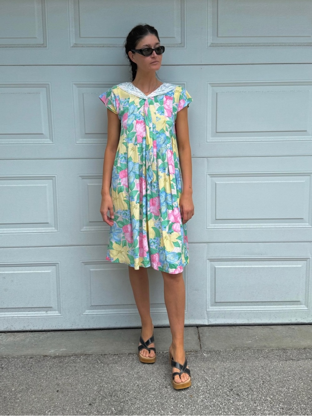 80s Floral Pastel Dress Lace Collar Yellow/Pink/Blue Cottagecore